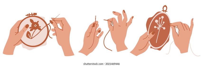 Beautiful female hands embroider a flower, thread a needle, sew, hold an embroidery hoop. Needlework, favorite creative hobbies. Flat vector graphics