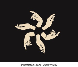 Beautiful female hands. Flat illustrations. Bohemian prints. Hand cream logo. Vector illustration. Illustration for packaging design of hand skin care cosmetics.