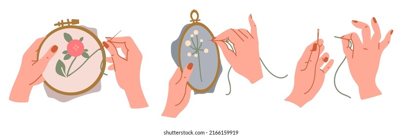 Beautiful female hands hold a hoop, embroider, thread a needle. Hobbies, leisure and needlework. Flat vector graphics.