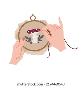 Beautiful female hands hold a hoop and embroider. Vector graphics.