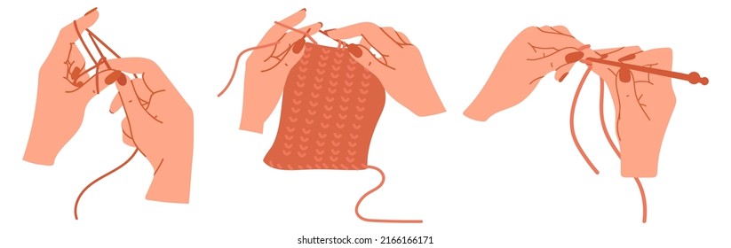 Beautiful female hands hold knitting needles, a crochet hook. Hobbies, leisure and needlework. Flat vector graphics.