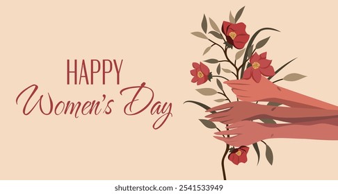 Hermosas manos femeninas sosteniendo un ramo de flores. Día Internacional de la Mujer. Lugar para el texto. Movimientos para la igualdad de género y el empoderamiento de las mujeres. Anuncio de Vector