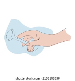 beautiful female hands holding gua sha massager isolated on white background. Vector hand drawn line art of hands and blue delicate spots illustration. Facial care concept