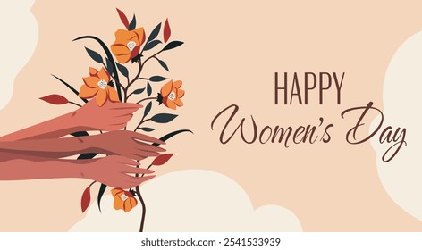 Beautiful female hands holding beautiful spring bouquet of flowers. International Women's Day. Movements for gender equality and women's empowerment. Vector banner.