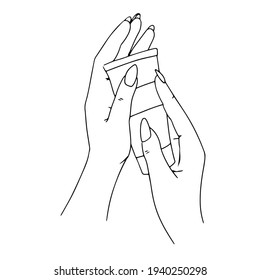 Beautiful female hands with manicure. Cream. Hand and nail care. Hand drawn by lines. Vector illustration isolated on white background.