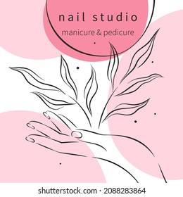 Beautiful female hands with manicure. Design for nail studio for social media posts and stories. Vector illustrations