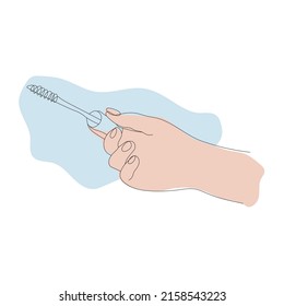 beautiful female hands with mascara and cosmetic pencil isolated on white background. Vector hand drawn line lines and blue delicate spots art illustration. Decorative cosmetics concept