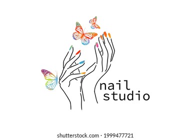 Beautiful female hands. Nail studio. Nail polish logo. Mixed media. Multicolored butterflies. vector illustration