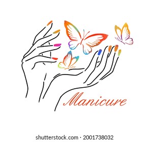 Beautiful female hands. Nail studio. Nail polish logo. Mixed media. Multicolored butterflies. vector illustration