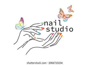 Beautiful female hands. Nail studio. Nail polish logo. Mixed media. Multicolored butterflies. vector illustration