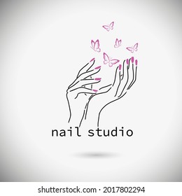 Beautiful female hands. Nail studio. Nail polish logo. pink butterflies. vector illustration