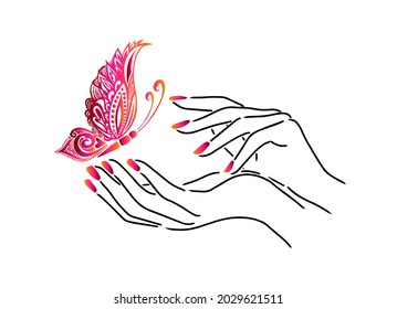 Beautiful female hands. Nail studio. Nail polish logo. Mixed media. Multicolored butterflies. vector illustration