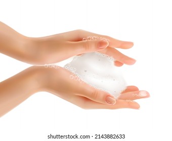 Beautiful female hands with a soap foam and bubblies. Vector.