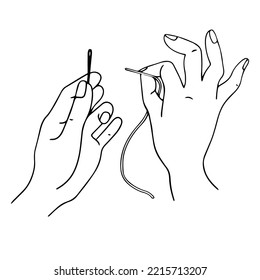 Schöne weibliche Hände werfen eine Nadel. Lineare Vektorgrafik.