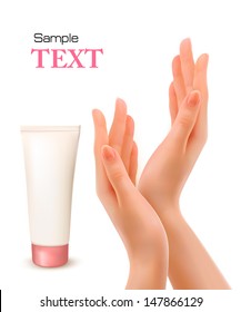 Beautiful female hands with tube of cream. Vector.