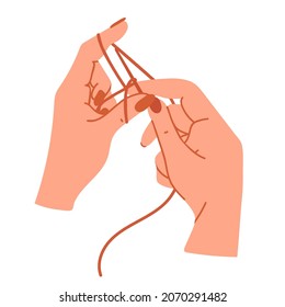 Beautiful female hands are typing loops on the knitting needles.Flat vector graphics.