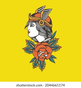beautiful female head facing side with wings and red rose