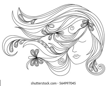 Beautiful female head with long adorned flowing hair, vector outline