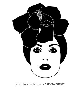 Beautiful female head with magnolia flower as her hat or hair decoration. Creative fashion concept for female beauty. Black and white silhouette.