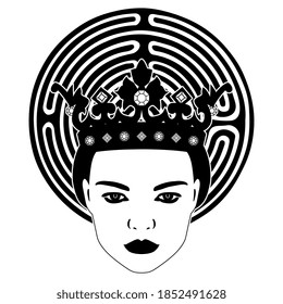 Beautiful female head in royal crown inside round maze or labyrinth. Creative concept. Black and white silhouette.