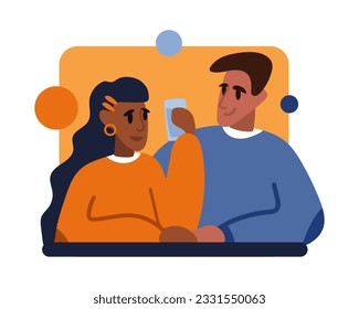Beautiful female holding smartphone and standing near man. Nice weekend walk. Leisure time on vacation. Sympathy, mutual understanding, companionship. Flat vector illustration in cartoon style