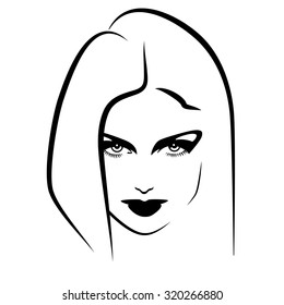Beautiful female image. Simple lines. Ink drawing. Black and white.