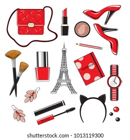 Beautiful female items of red color. Bag, lipstick, shoes