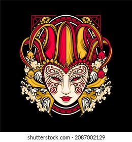 Beautiful Female Jester Mask Illustration With Awesome Background