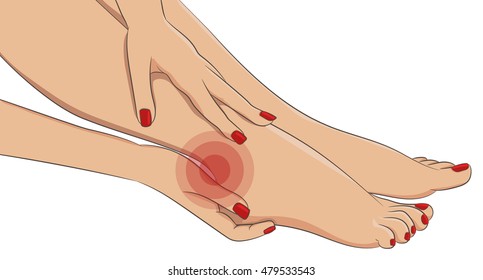 Beautiful female legs barefoot, side view. Woman hands holding heel tendon. Red manicure and pedicure. Foot pain concept, design element for spa centers or medical products. Vector illustration. 