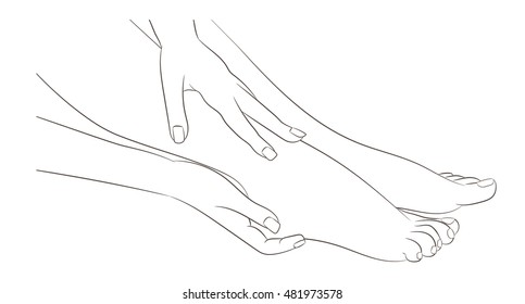 Beautiful female legs barefoot, side view. Black and white contour sketch. Woman hands doing feet massage or applying cream. Design element for spa, manicure or cosmetic. Vector outline illustration.