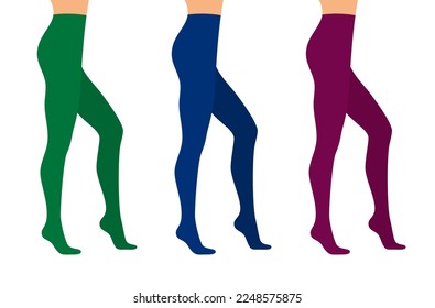 Beautiful female legs in colored tights on a white background, side view. Flat vector illustration