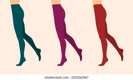Beautiful female legs in colored tights on a beige background, side view. Flat vector illustration