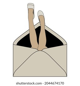 Beautiful Female Legs In Fancy Shoes Sticking Out Of A Paper Envelope. Creative Funny Concept. Isolated Vector Illustration.