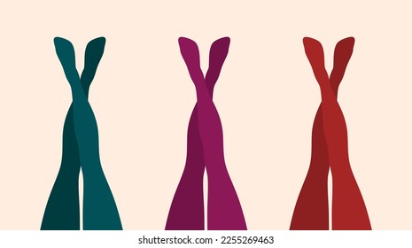 Beautiful female legs raised up in colorful tights on beige background. Flat vector illustration