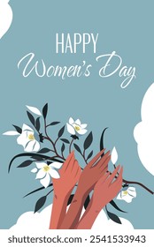 Beautiful female legs in shoes on a background of flowers. Postcard for the holiday Women's Day. Movements for gender equality and women's empowerment. Vector banner.