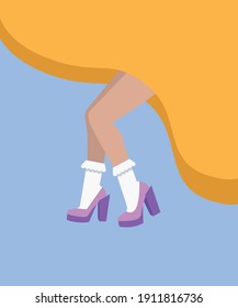 beautiful female legs in white socks and shoes, orange skirt, on a blue background, stylized vector graphics, in the style of minimalism