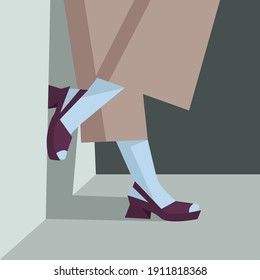 beautiful female legs in white socks and shoes, in pastel colors, stylized vector graphics, in the style of minimalism