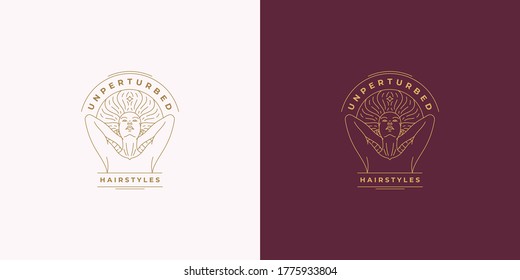 Beautiful female line face with fluttering hairs vector logo emblem design template illustration simple minimal linear style. Outline graphics for cosmetology branding and hairstyles salon.