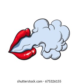 Beautiful female lips with red shiny lipstick emitting smoke cloud, sketch style vector illustration isolated on white background. Hand drawing of smoke coming out of beautiful woman lips
