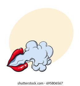 Beautiful female lips with red shiny lipstick emitting smoke cloud, sketch style vector illustration with space for text.