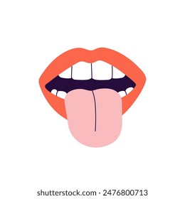 Hermosos labios femeninos muestran el icono de la lengua. Boca roja con dientes limpios. Mujer sana sonríe. Higiene bucal, salud dental, belleza y odontología. Ilustración vectorial aislada plana sobre fondo blanco