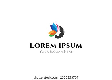 beautiful female logo with a combination of colorful butterflies in a flat design