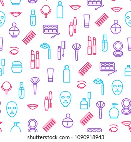 Beautiful Female Make Up Seamless Pattern Background on a White Include of Lipstick, Mirror, Perfume, Mascara and Eyeshadow. Vector illustration of Makeup Woman Sign