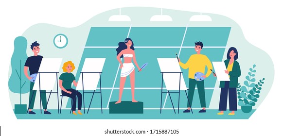 Beautiful female model posing at art workshop flat vector illustration. Young artists painting at classroom on easels. Education and art school concept.