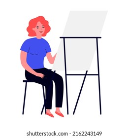 Beautiful female model posing at art workshop flat vector illustration. Young artists painting at classroom on easels. Education and art school