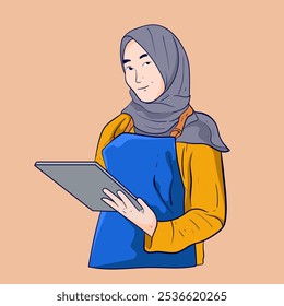 Bonito modelo feminino usar avental segurando com uma tecnologia e tablet para restaurante adequado para cartazes de modelo de produto