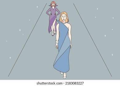 Beautiful Female Models In Gowns Walking Runway. Pretty Sexy Women In Dresses On Fashion Show. Style And Design. Haute Couture. Vector Illustration. 