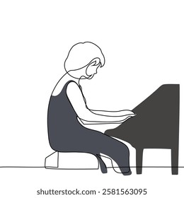 beautiful female musician in long black dress playing piano - one line art vector. concept concert of live classical music. Handmade vector not AI