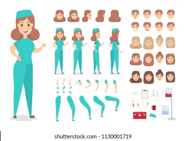 Beautiful female nurse character set for animation with various views, hairstyles, emotions, poses and gestures. Doctor assitant in hospital. Front, side and back view. Isolated vector illustration