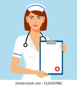 Beautiful female nurse is holding clipboard and showing document. Portrait of young nurse or medic with clipboard and stethoscope isolated on blue background